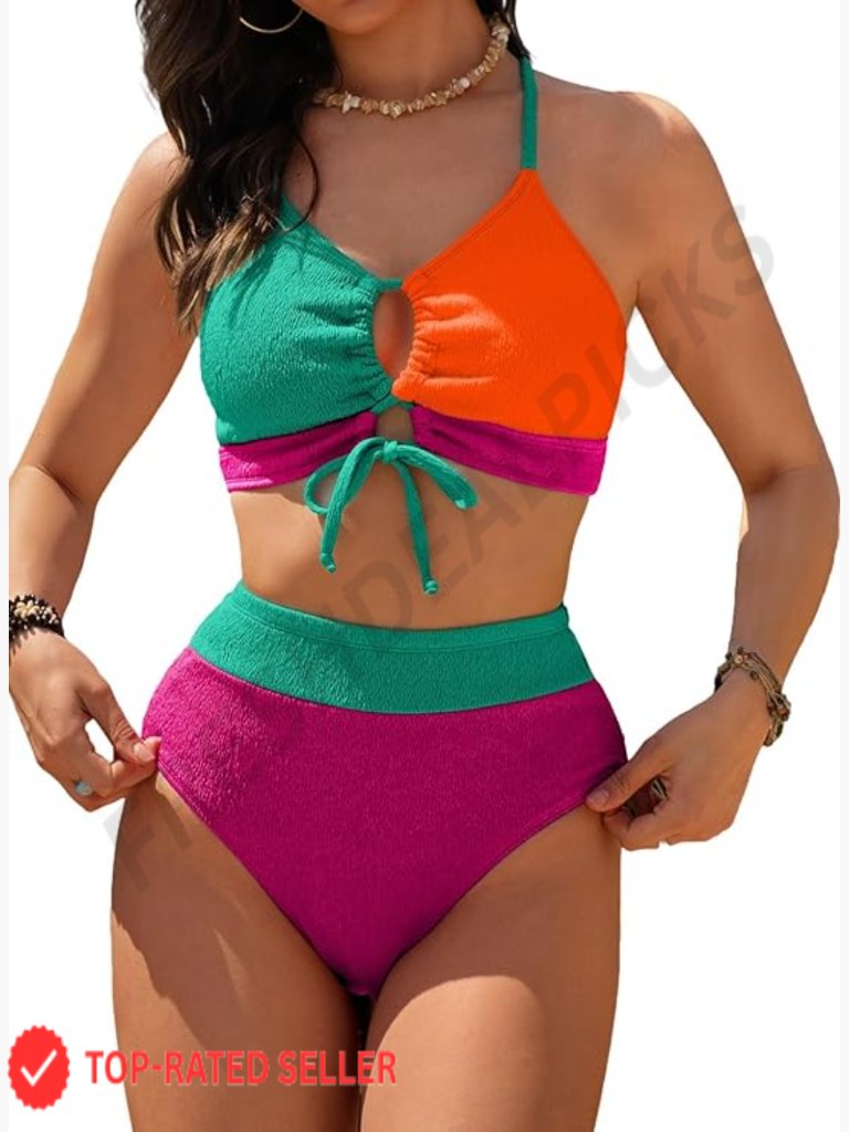 High Waisted Tie Front Bikini Set Textured Swimsuits 2 Piece Color Block